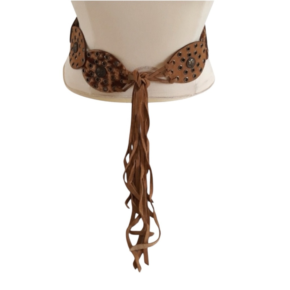 Greek Goddess Medallion Leather Fringe Tie Belt Italy Brambilla Milano Large